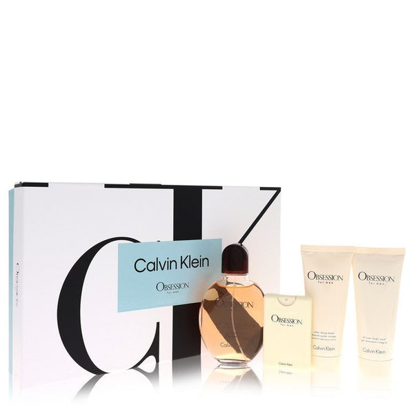 Obsession by Calvin Klein Gift Set -- 4.2 oz Eau De Toilette Spray + .67 oz Mini EDT Spray + 3.4 oz After Shave Balm + 3.4 oz Body Wash (Men)